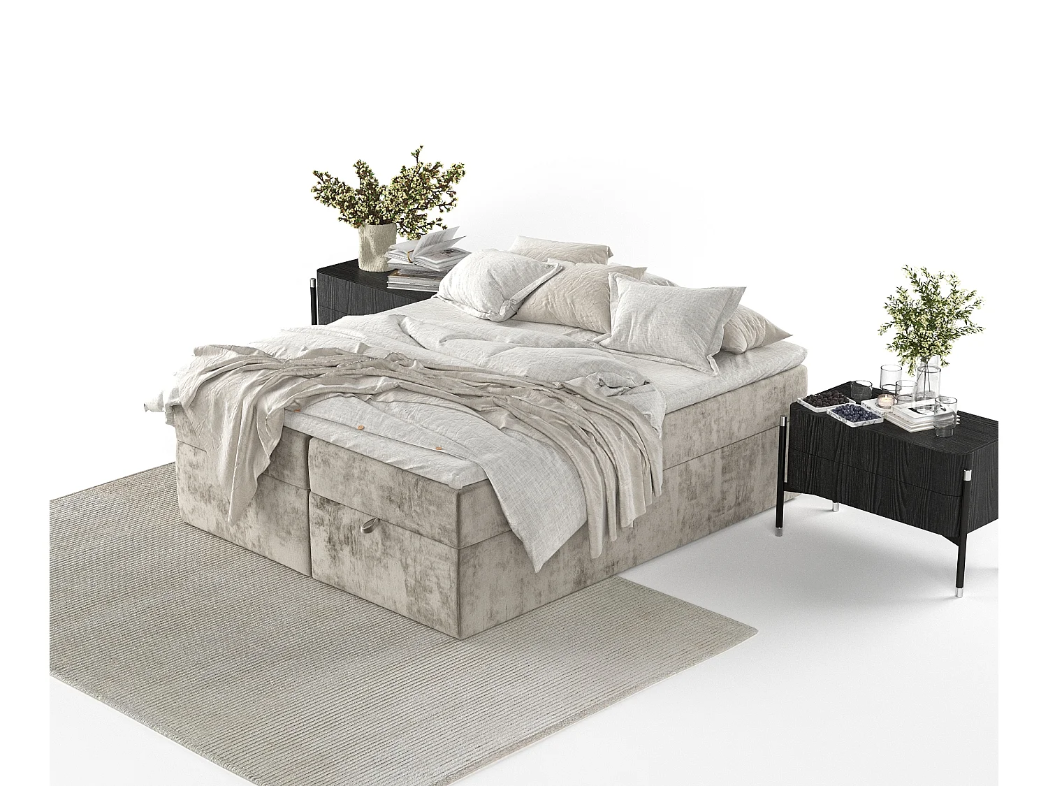 Lit à sommier et coffre de rangement FREJA - matelas - surmatelas - 180x200 cm - beige