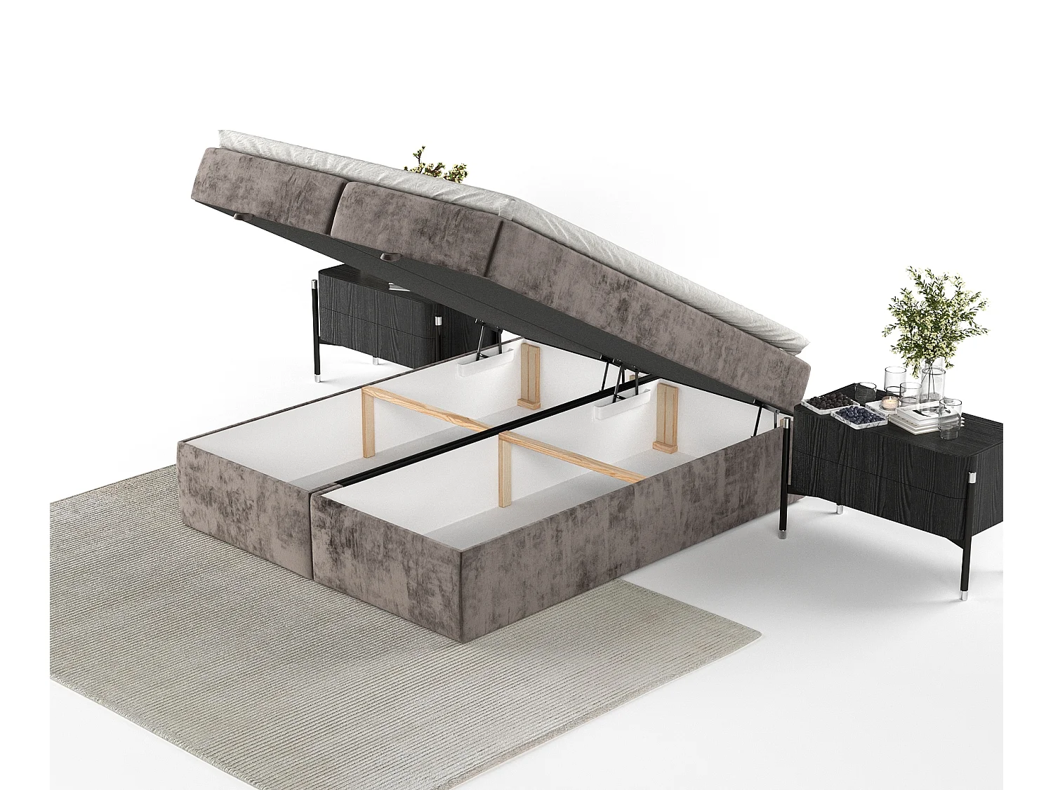 Lit à sommier et coffre de rangement FREJA - matelas - surmatelas - 200x200 cm - brun