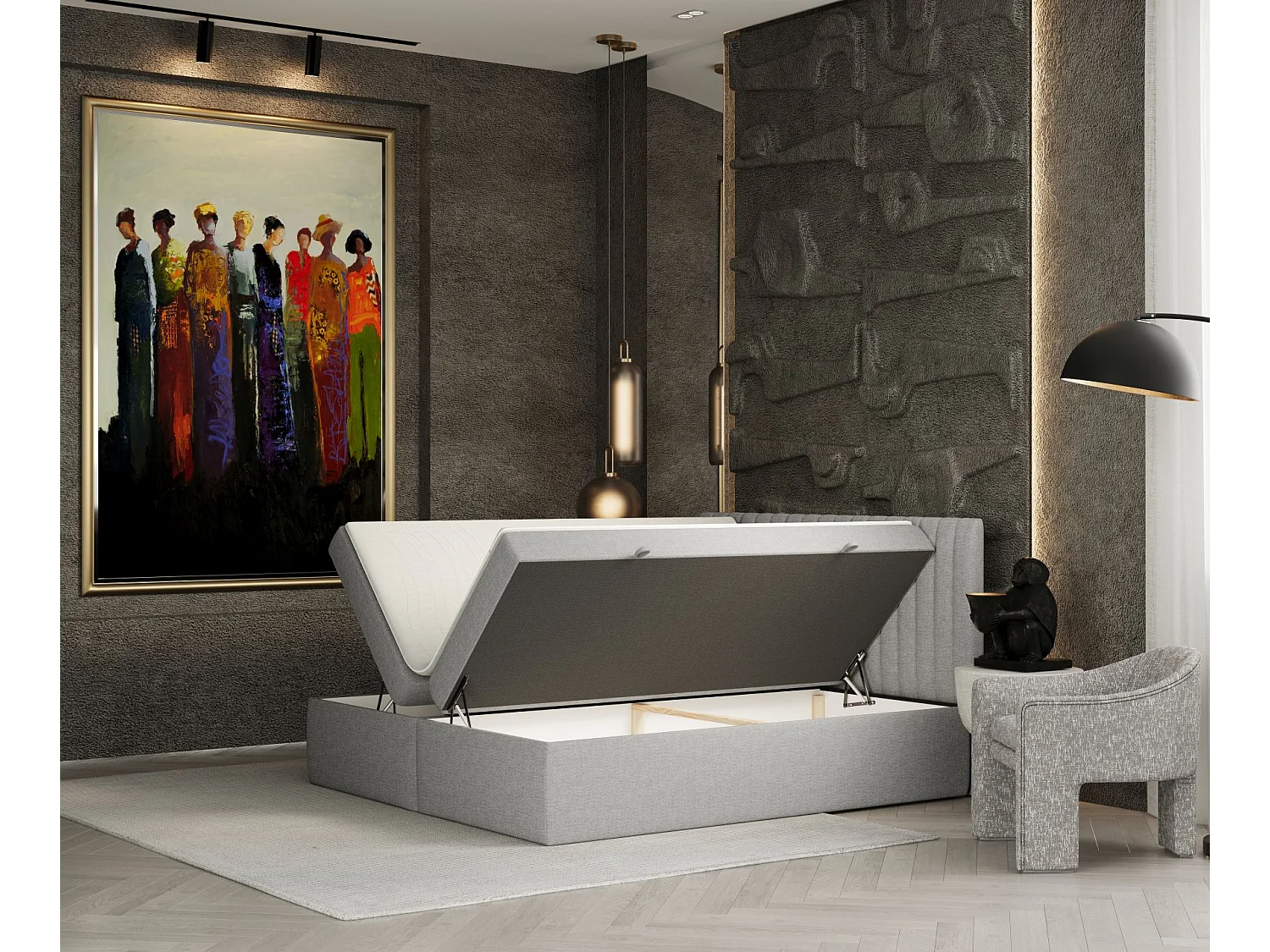 Set compleet bed met hoofdbord + opbergruimte + matrasse + dekmatrasse - 140x200 cm - geweven stof - beige grijs - SPENCER