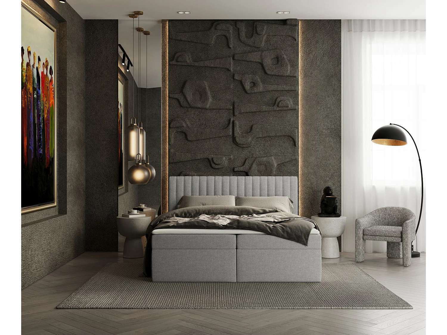 Set compleet bed met hoofdbord + opbergruimte + matrasse + dekmatrasse - 140x200 cm - geweven stof - beige grijs - SPENCER