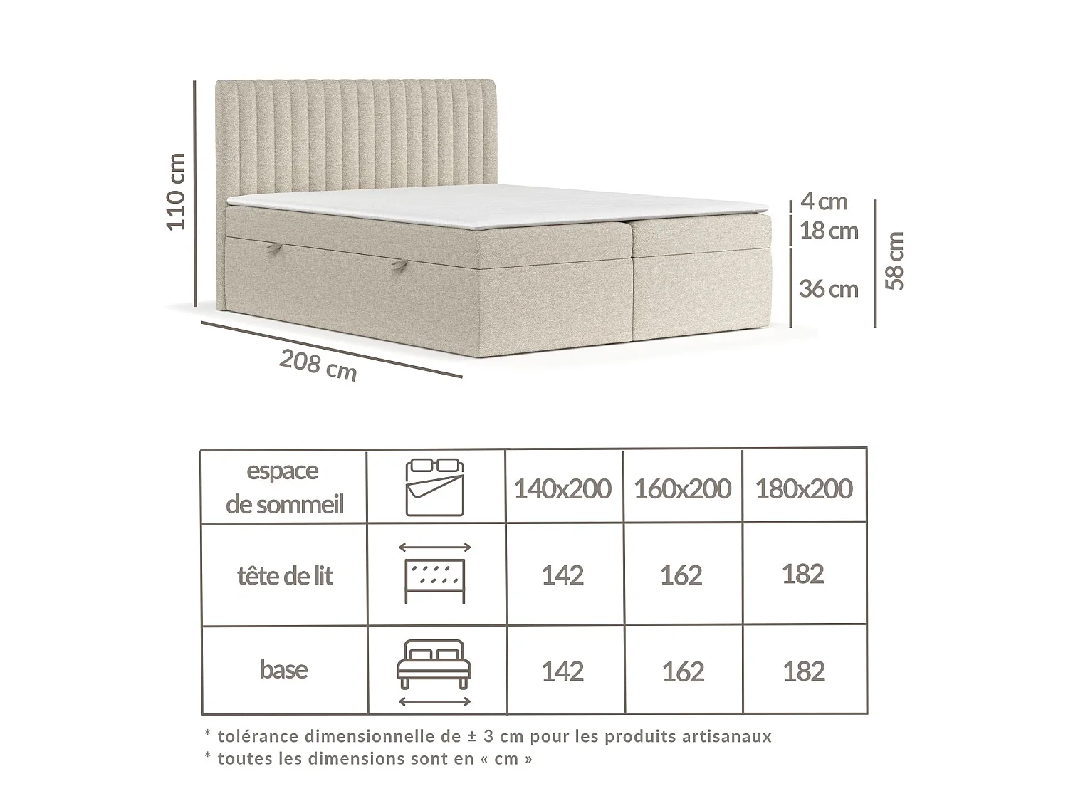 Set compleet bed met hoofdbord + opbergruimte + matrasse + dekmatrasse - 140x200 cm - geweven stof - beige grijs - SPENCER