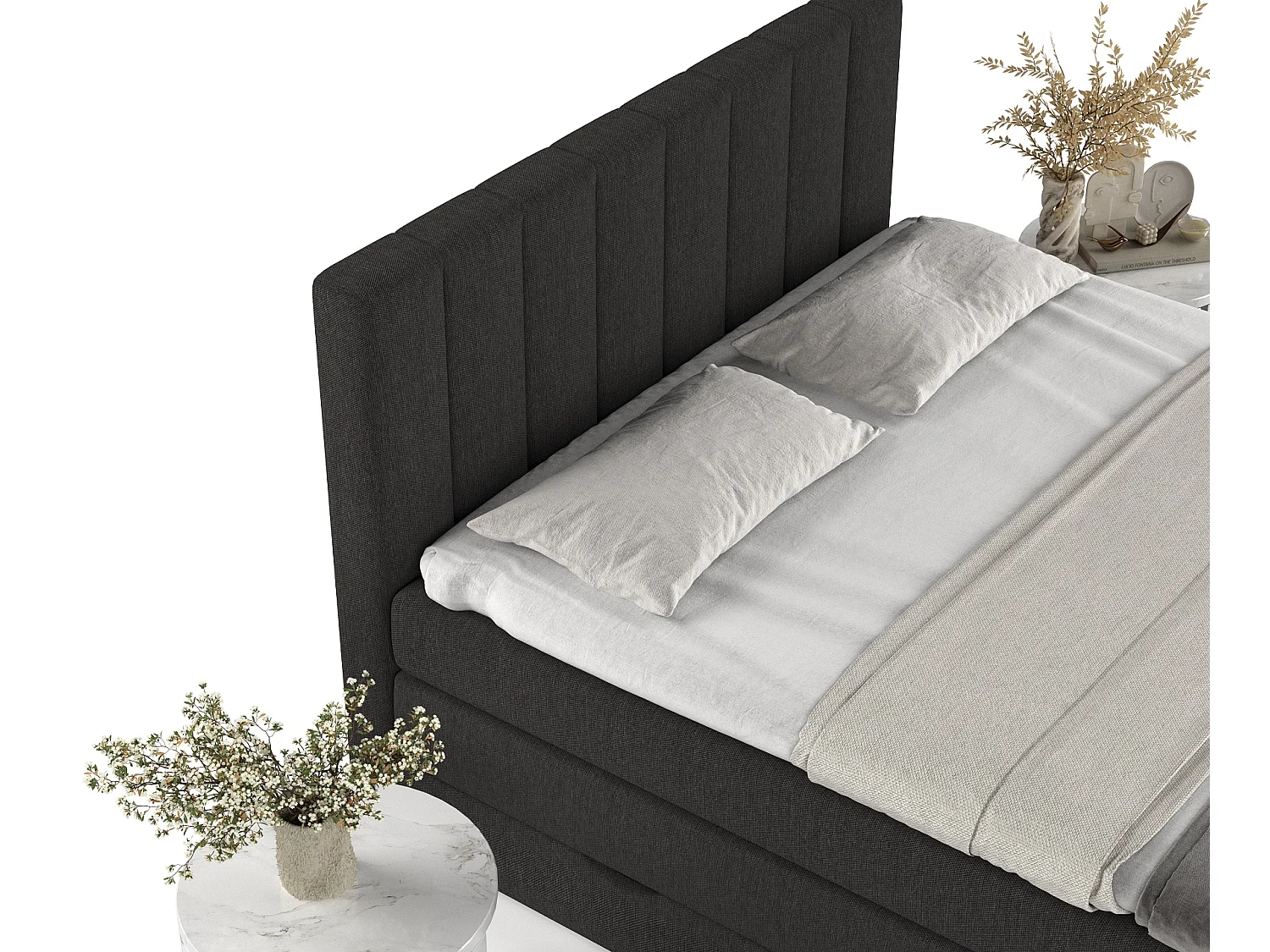 Set compleet bed met hoofdbord + opbergruimte + matrasse + dekmatrasse - 180 x 200 cm - Geweven stof - Zwart - RUBY