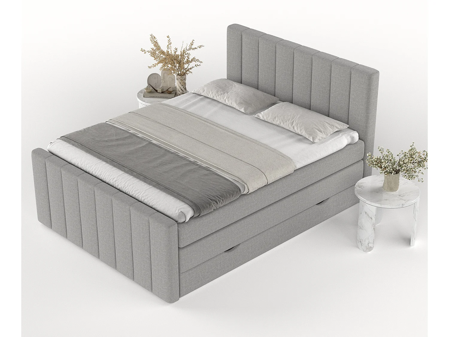 Set compleet bed met hoofdbord + opbergruimte + matrasse + dekmatrasse - 160 x 200 cm - Geweven stof - Grijs - RUBY