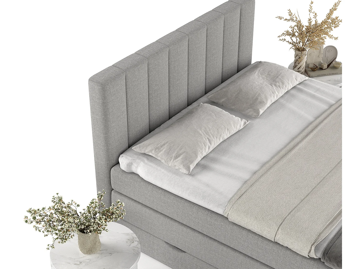Set compleet bed met hoofdbord + opbergruimte + matrasse + dekmatrasse - 160 x 200 cm - Geweven stof - Grijs - RUBY