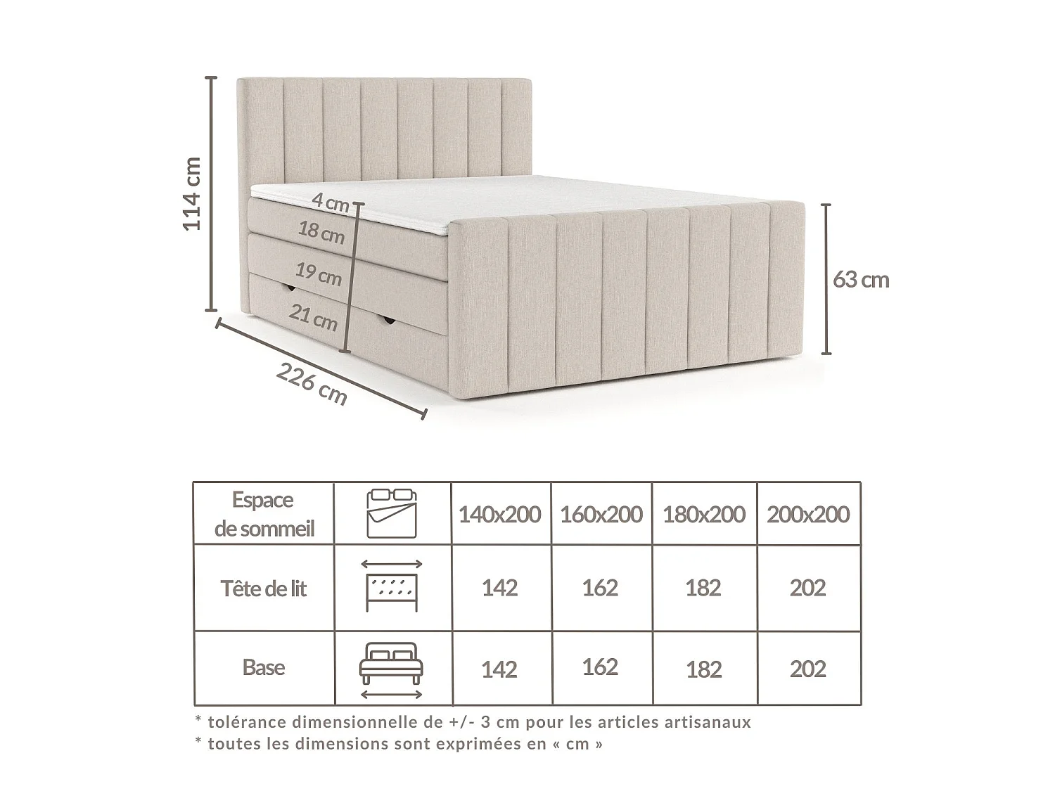 Set compleet bed met hoofdbord + opbergruimte + matrasse + dekmatrasse - 160 x 200 cm - Geweven stof - Grijs - RUBY