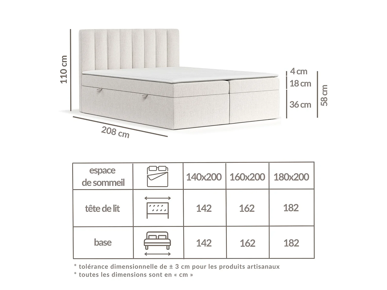 Set compleet bed met hoofdbord + opbergruimte + matrasse + dekmatrasse - 180x200 cm - chenille stof - creme - NOVENTO