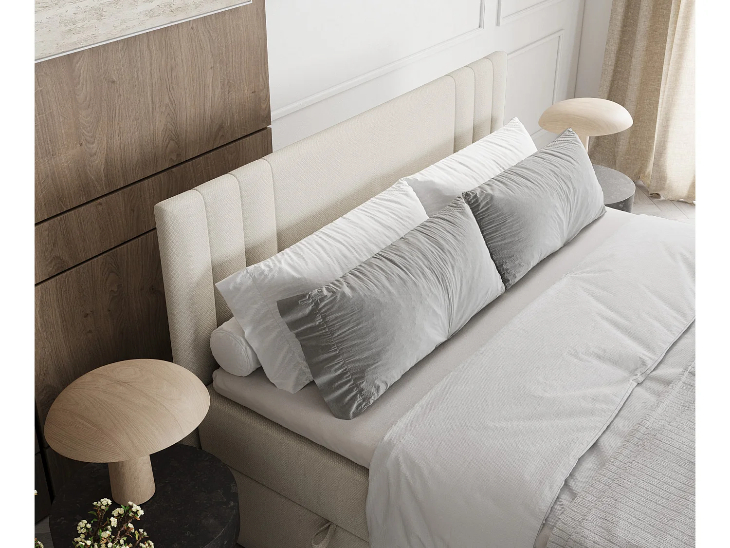 Set compleet bed met hoofdbord + opbergruimte + matrasse + dekmatrasse - 180 x 200 cm - Geweven stof - Creme - MALLO