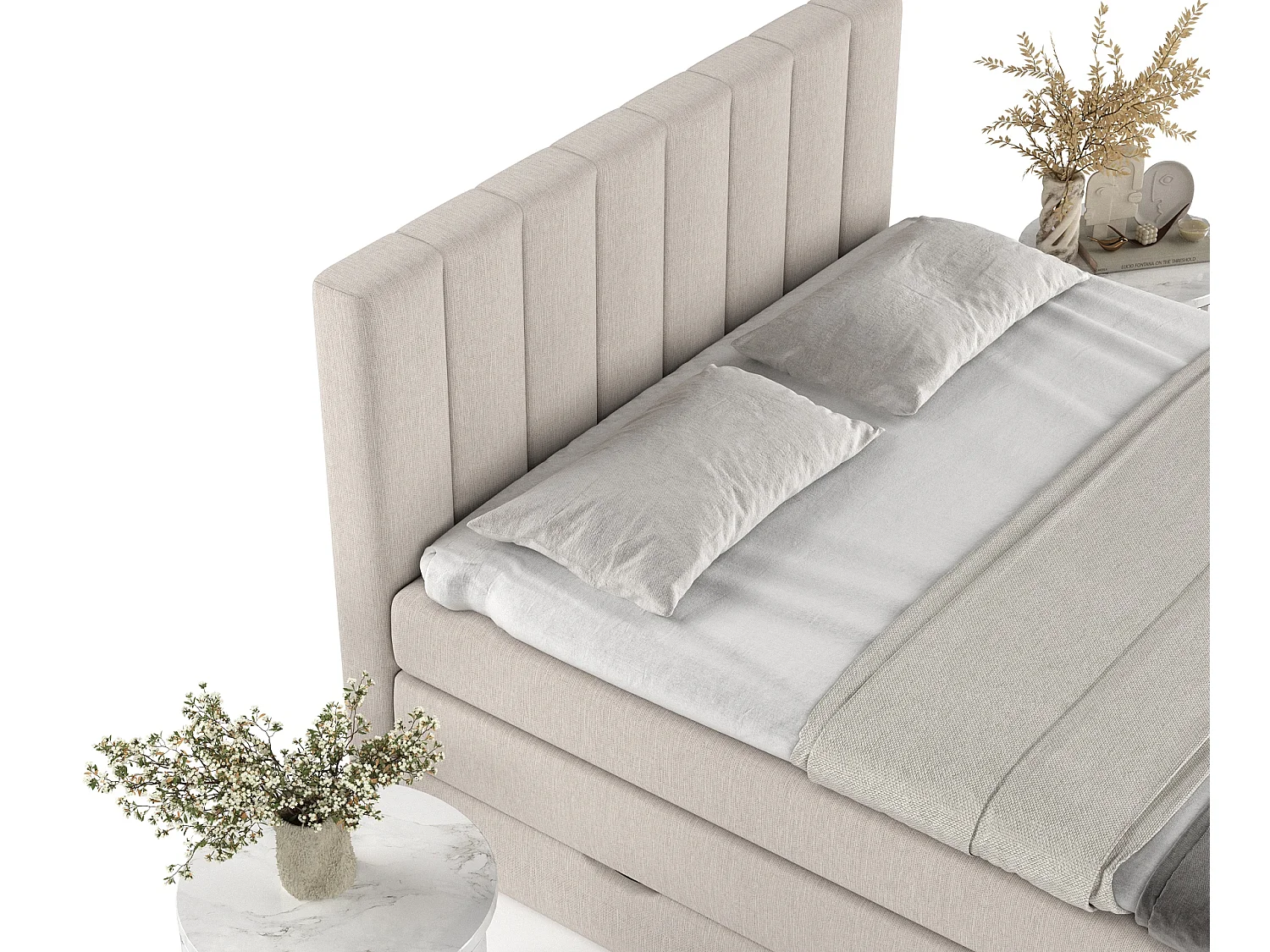 Set compleet bed met hoofdbord + opbergruimte + matrasse + dekmatrasse - 200 x 200 cm - Geweven stof - Beige - RUBY