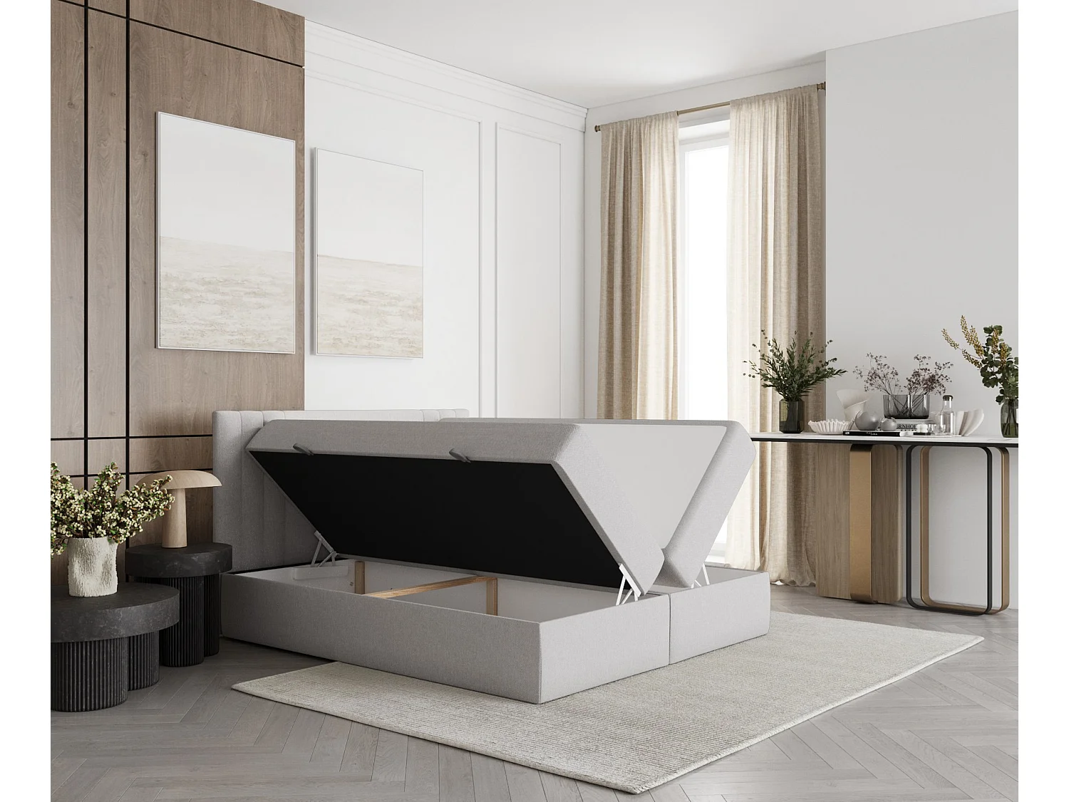 Set compleet bed met hoofdbord + opbergruimte + matrasse + dekmatrasse - 140 x 200 cm - Geweven stof - Lichtgrijs - MALLO