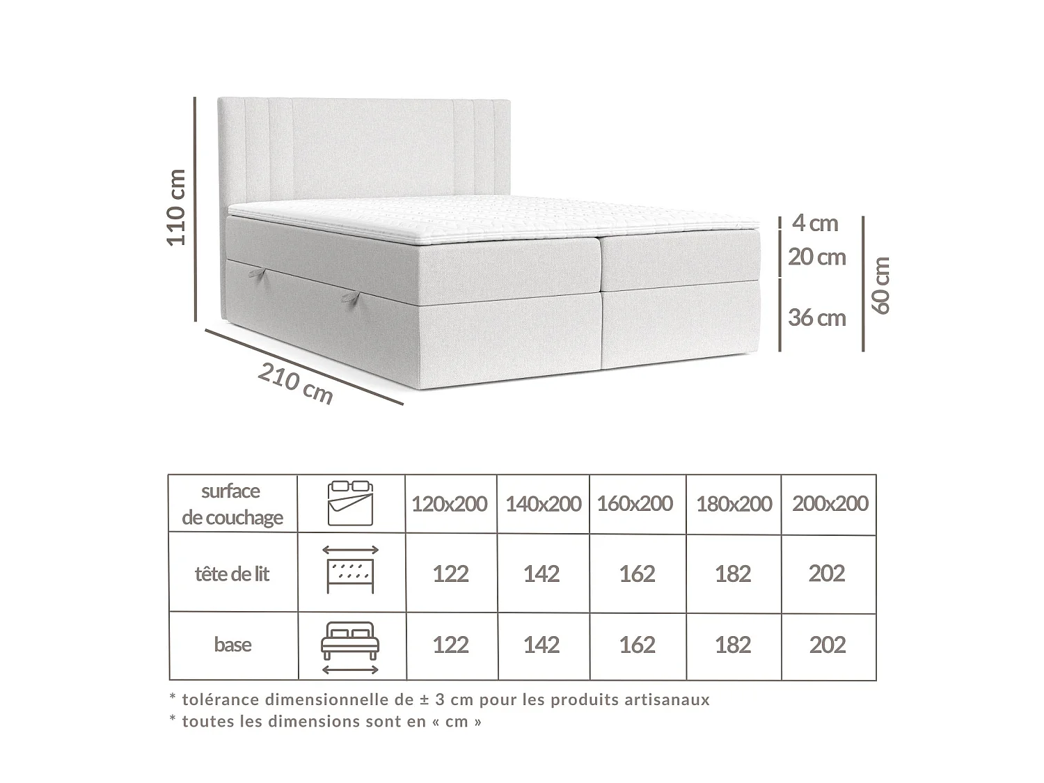 Set compleet bed met hoofdbord + opbergruimte + matrasse + dekmatrasse - 140 x 200 cm - Geweven stof - Lichtgrijs - MALLO