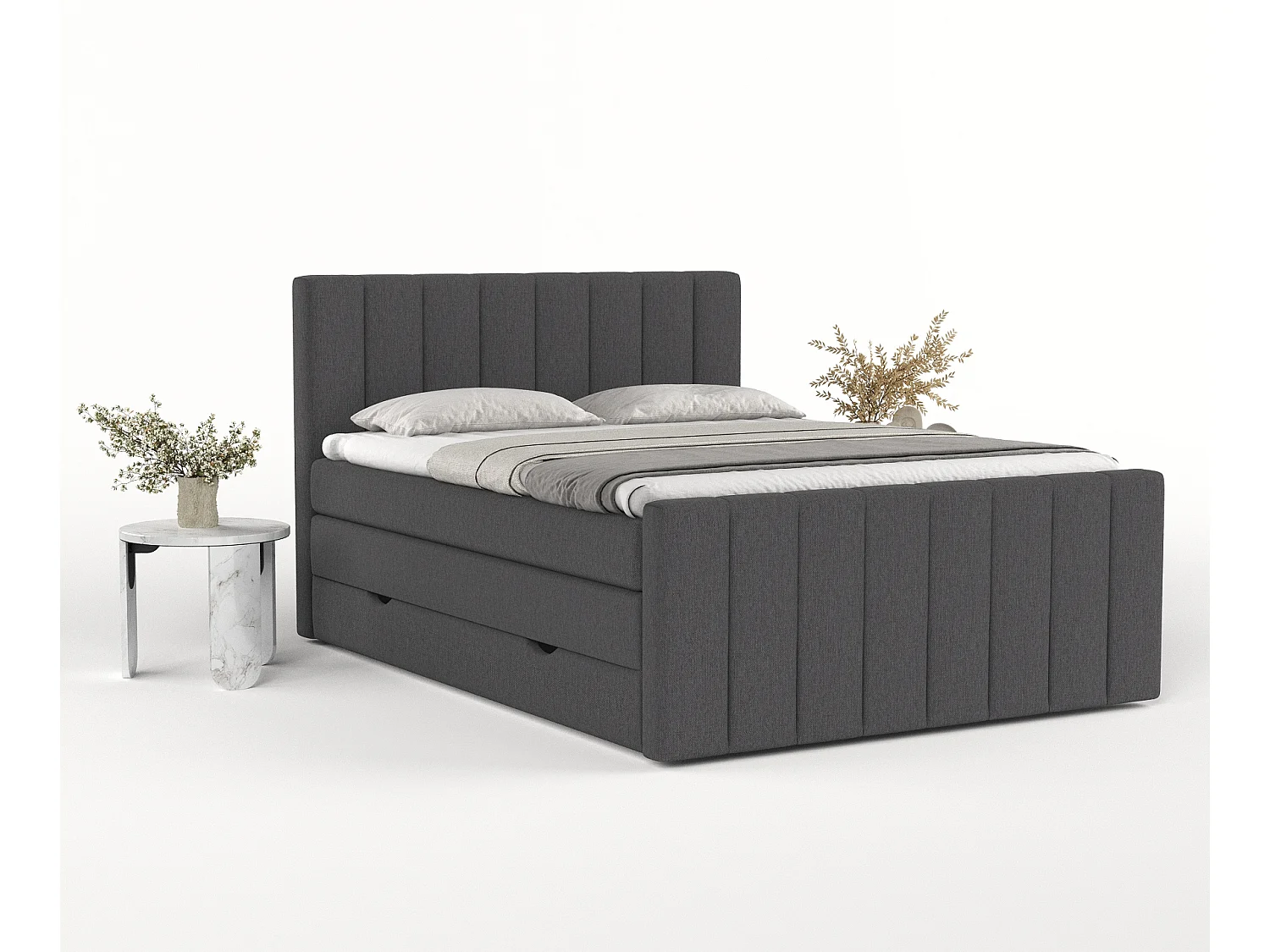 Set compleet bed met hoofdbord + opbergruimte + matrasse + dekmatrasse - 180 x 200 cm - Geweven stof - Grafiet - RUBY