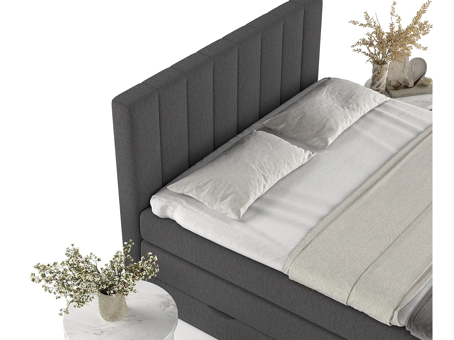 Set compleet bed met hoofdbord + opbergruimte + matrasse + dekmatrasse - 180 x 200 cm - Geweven stof - Grafiet - RUBY