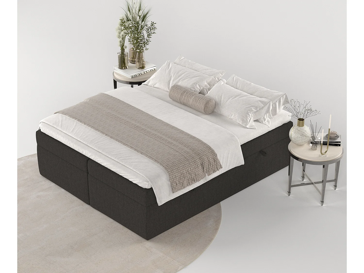 Set compleet bed + opbergruimte + matrasse + dekmatrasse - 140x200 cm - geweven stof - zwart - LENNON