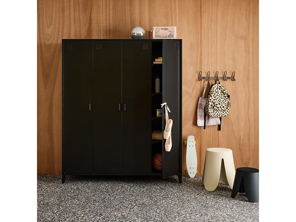 Armoire chambre dressing industriel métal noir 4 portes. 10 étagères. 1 penderie