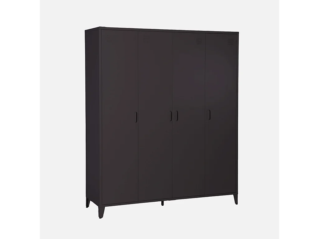 Armoire chambre dressing industriel métal noir 4 portes. 10 étagères. 1 penderie