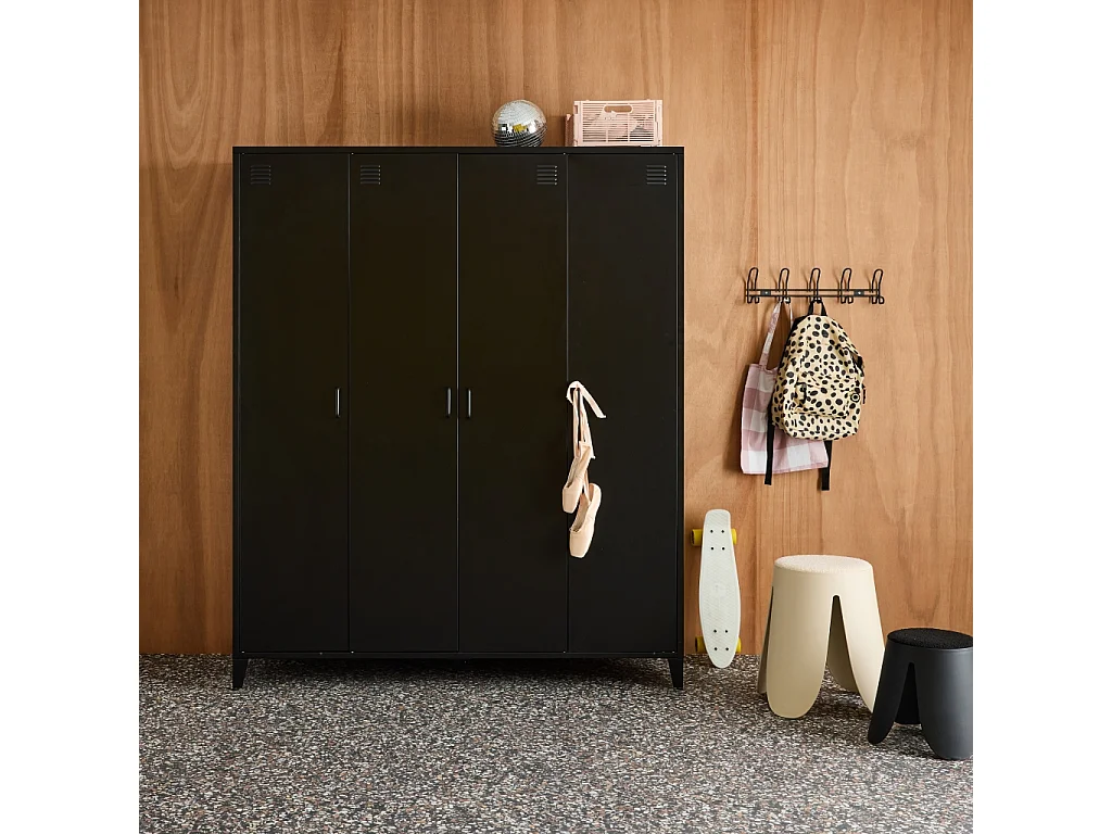 Armoire chambre dressing industriel métal noir 4 portes. 10 étagères. 1 penderie
