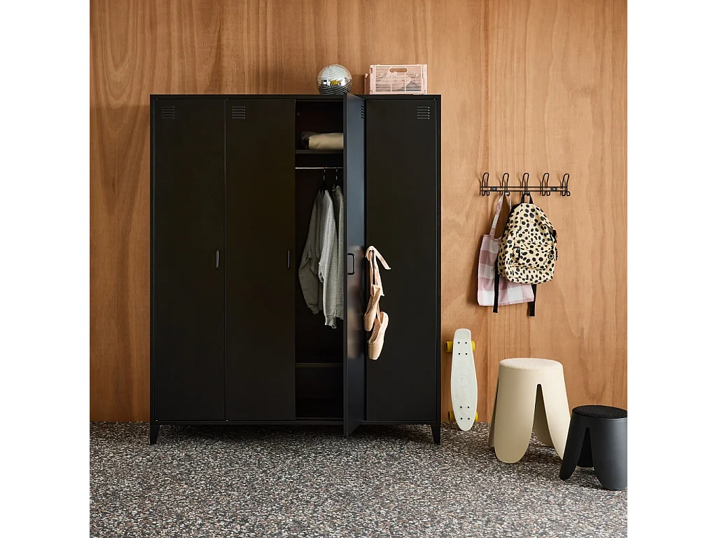 Armoire chambre dressing industriel métal noir 4 portes. 10 étagères. 1 penderie