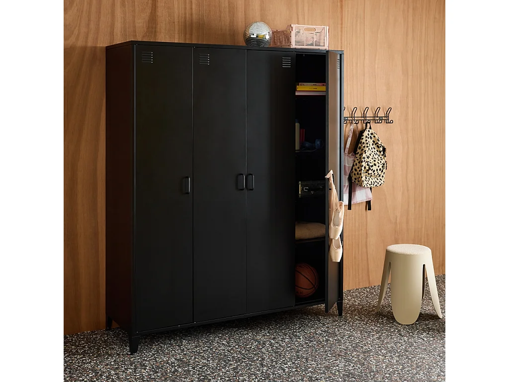 Armoire chambre dressing industriel métal noir 4 portes. 10 étagères. 1 penderie
