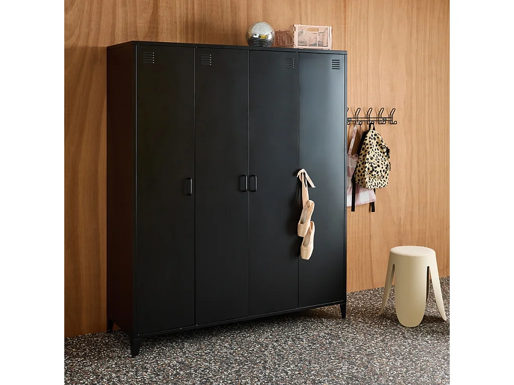 Armoire chambre dressing industriel métal noir 4 portes. 10 étagères. 1 penderie