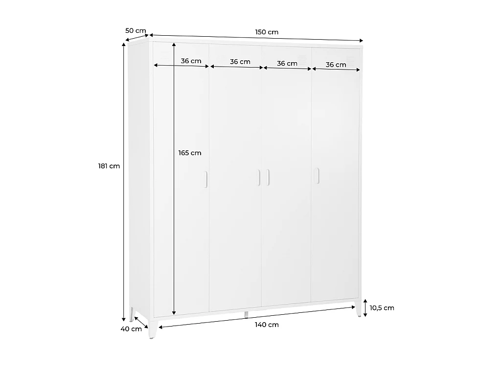 Armoire chambre dressing industriel métal noir 4 portes. 10 étagères. 1 penderie