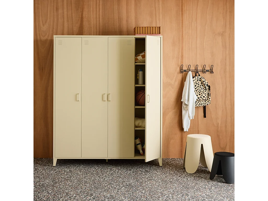 Armoire chambre dressing industriel métal beige 4 portes. 10 étagères. 1 penderie