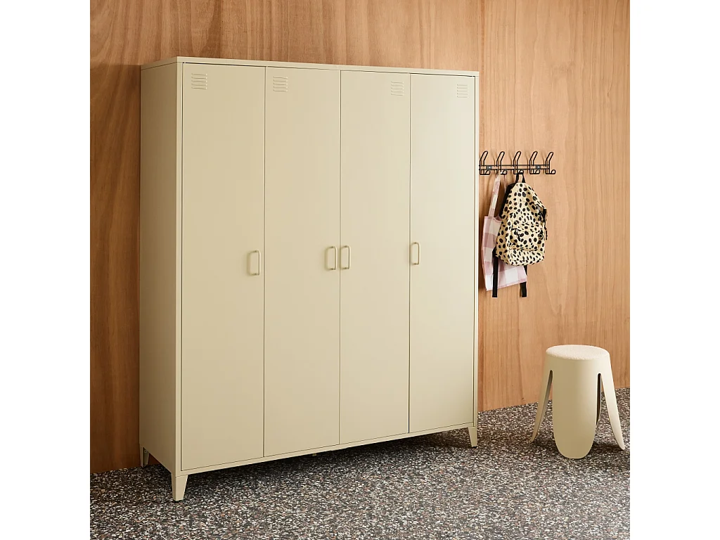 Armoire chambre dressing industriel métal beige 4 portes. 10 étagères. 1 penderie