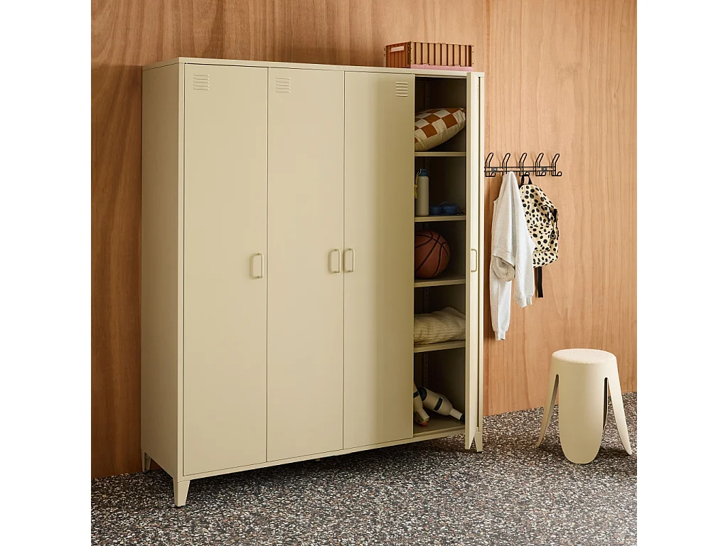 Armoire chambre dressing industriel métal beige 4 portes. 10 étagères. 1 penderie