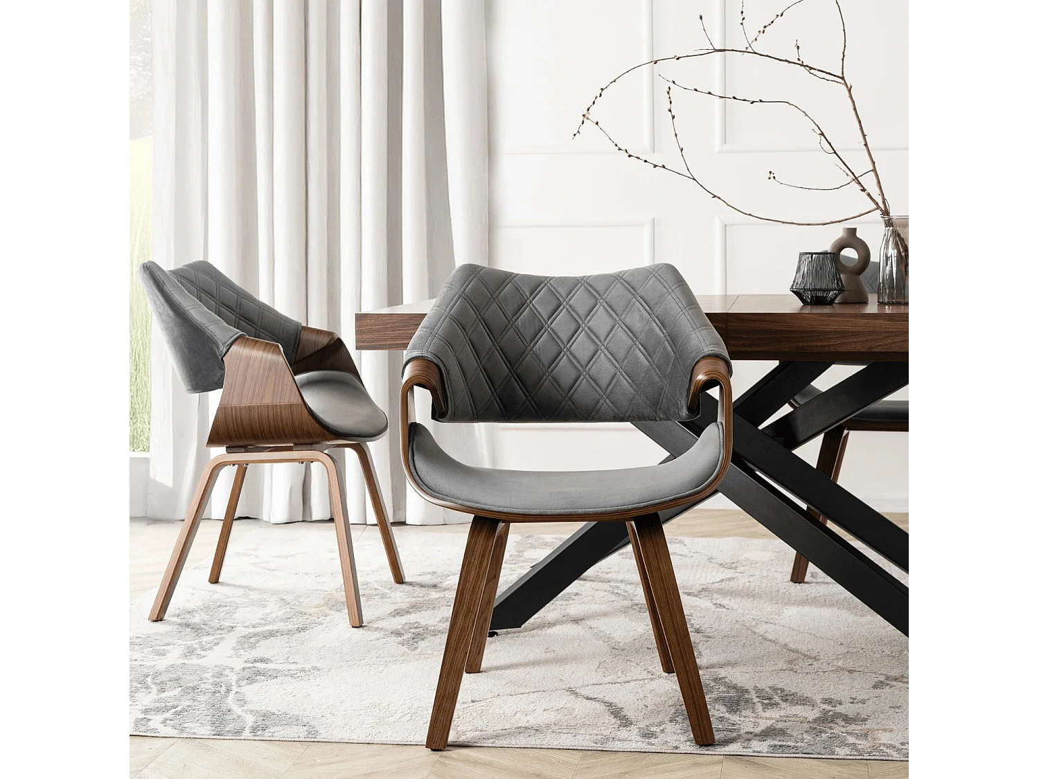 Dining Chair LUISE Grey/Walnut Velour