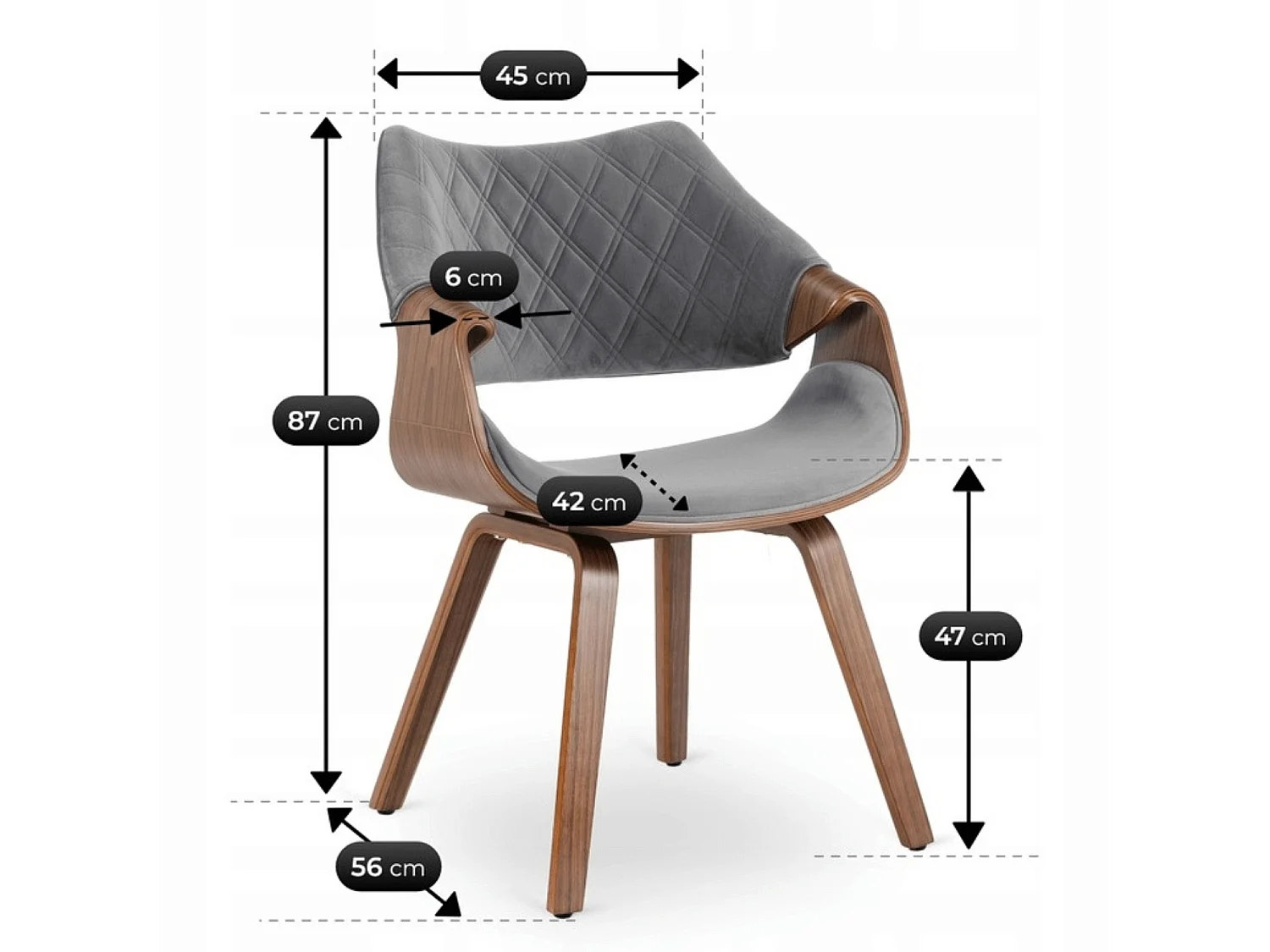 Dining Chair LUISE Grey/Walnut Velour