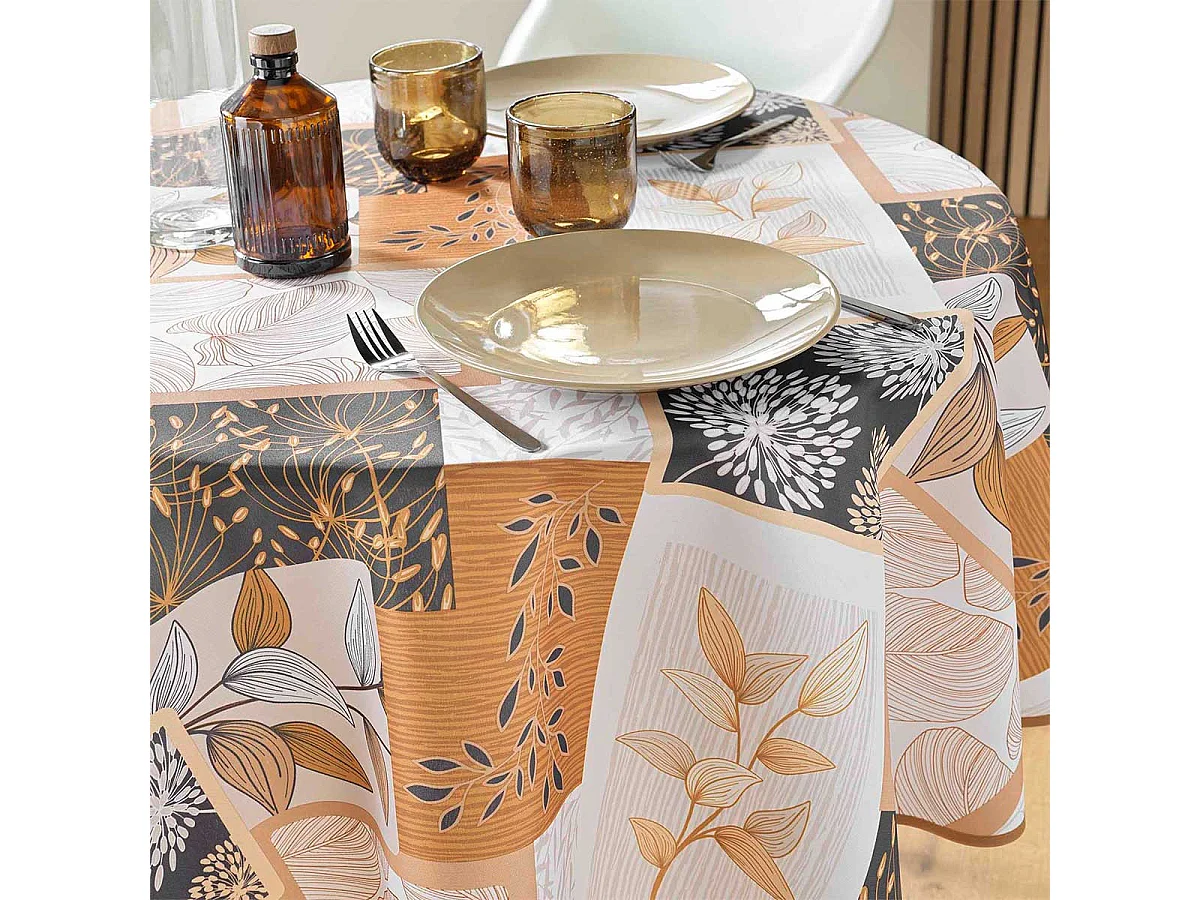Nappe Ronde Antitache Imprimé "Faya" 180cm Naturel