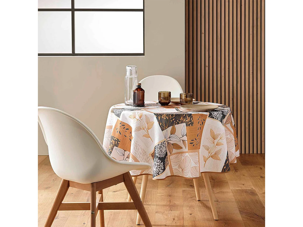 Nappe Ronde Antitache Imprimé "Faya" 180cm Naturel