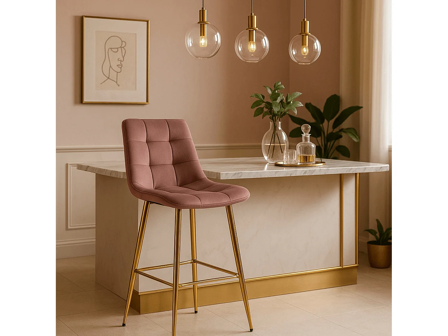 ARIEL Pink Velour Bar Stool
