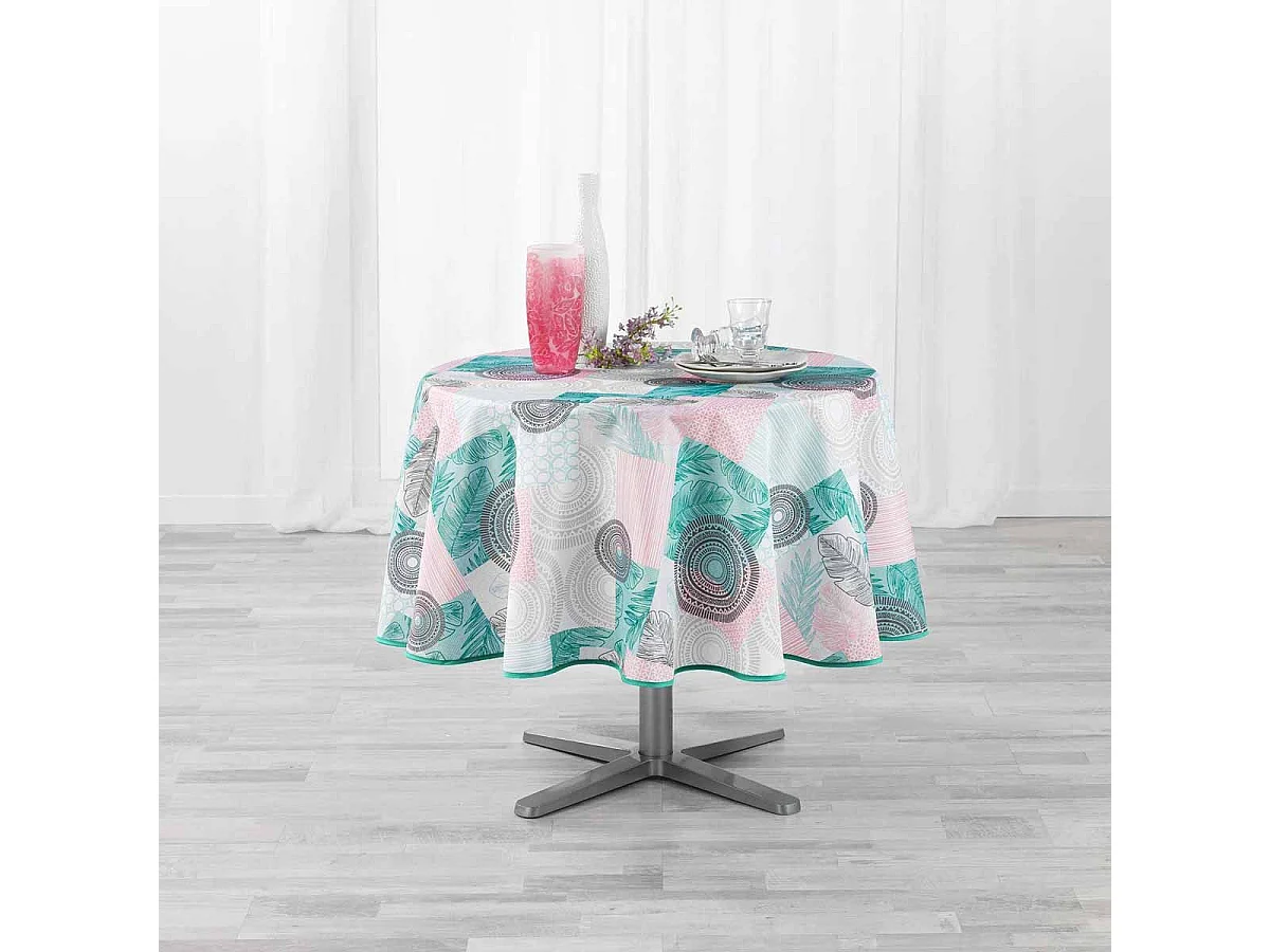 Nappe Antitache Ronde "Peachy" 180cm Bleu & Rose
