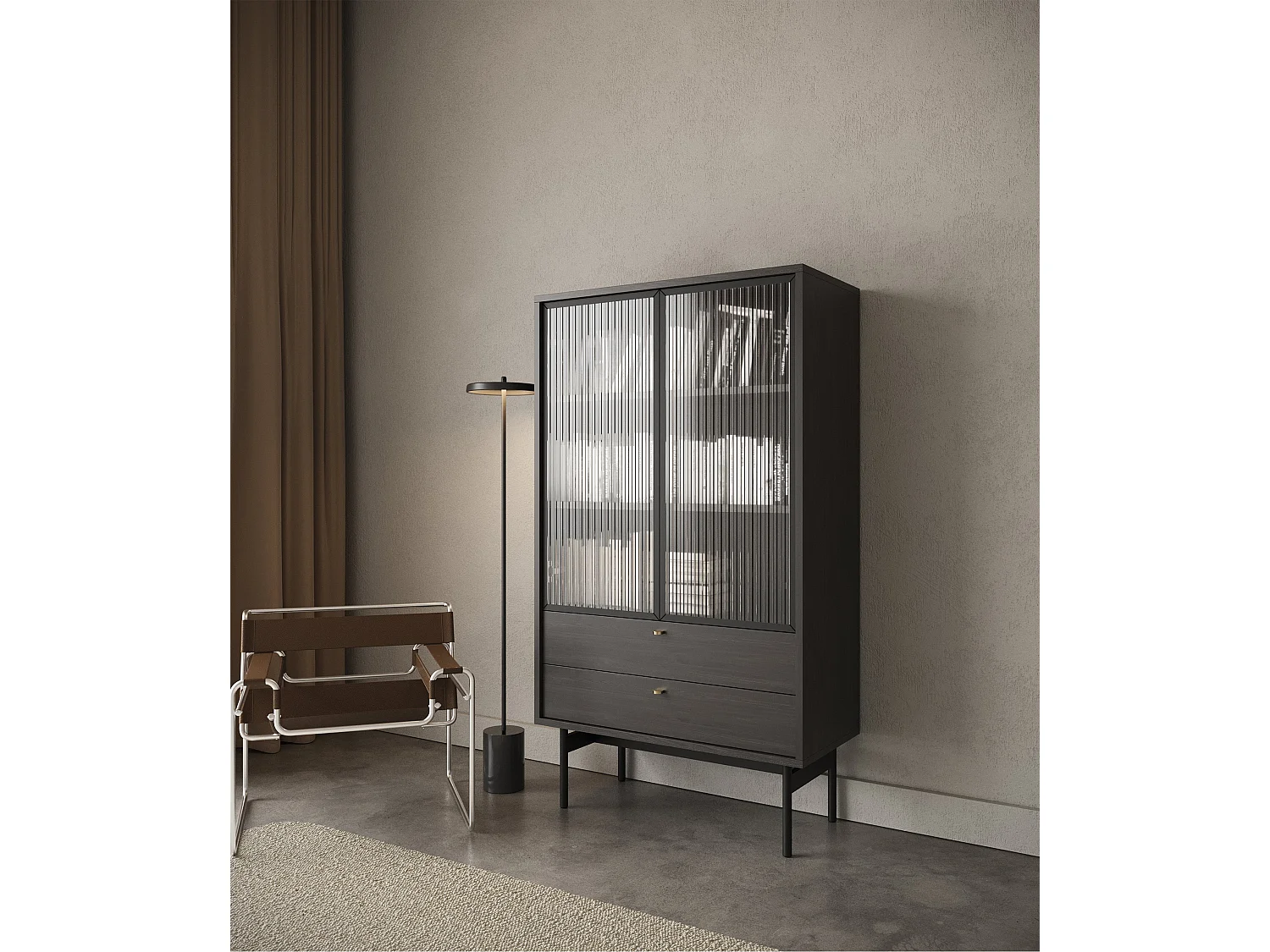 Vitrine mit 2 Regalböden - Holzoptik Esche Portland Schwarz - 85 cm - OLAR II
