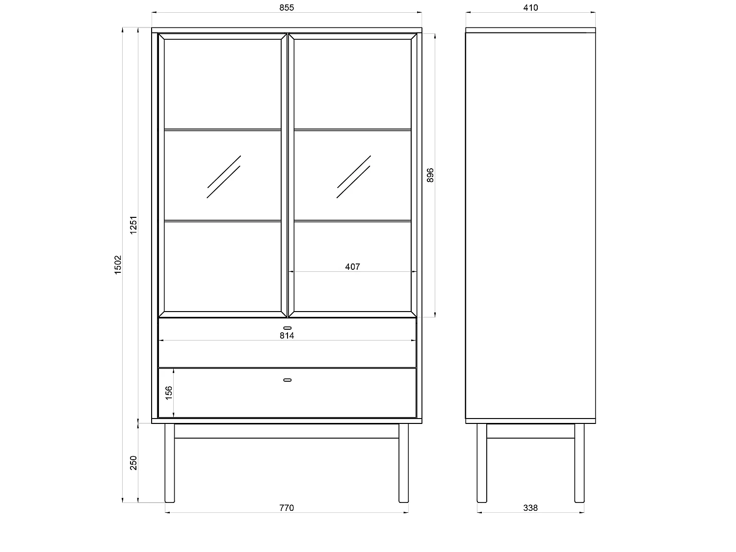 Vitrine mit 2 Regalböden - Holzoptik Esche Portland Schwarz - 85 cm - OLAR II