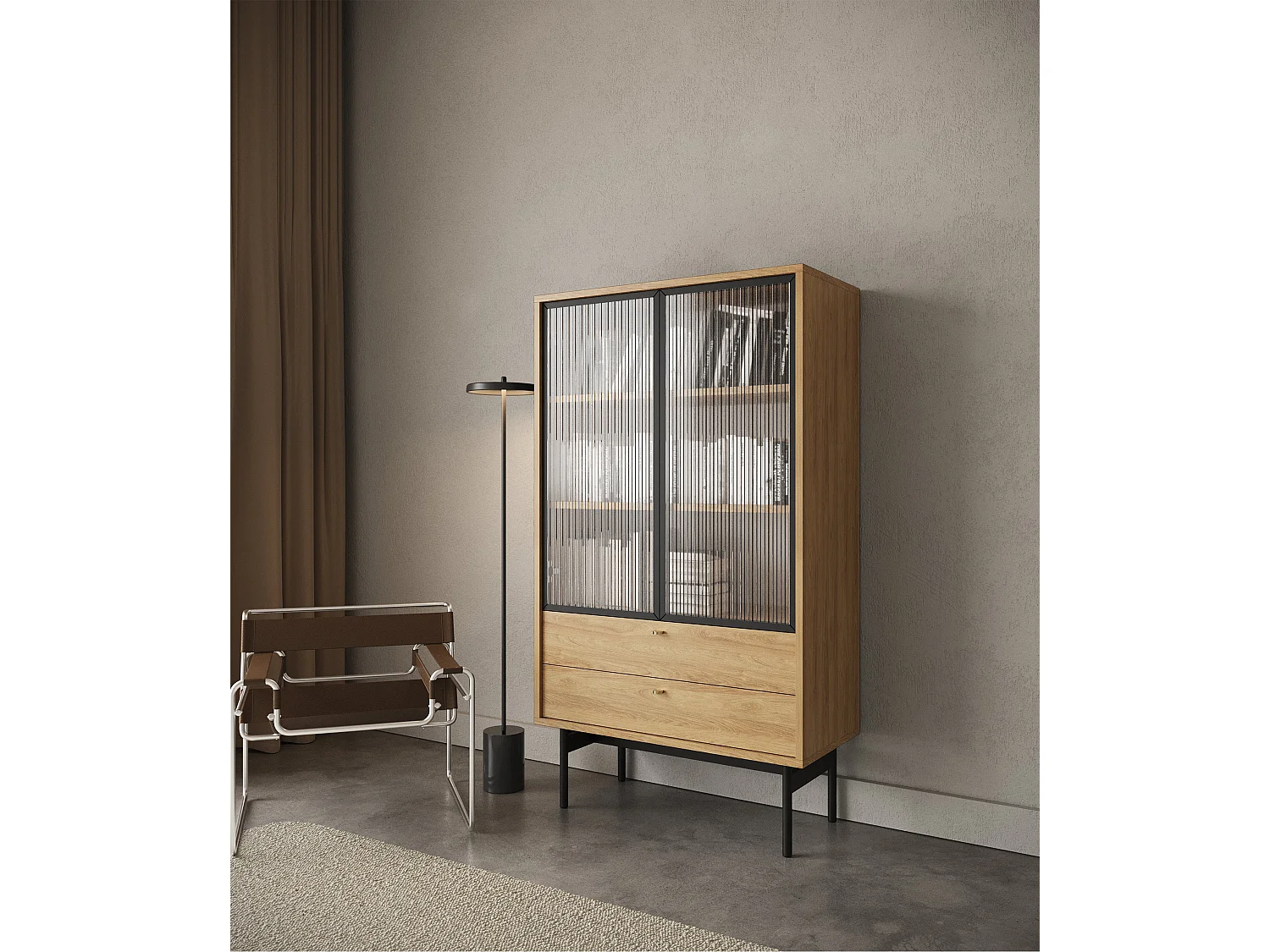 Vitrine mit 2 Regalböden - Holzoptik Hickory Natur - 85 cm - OLAR II
