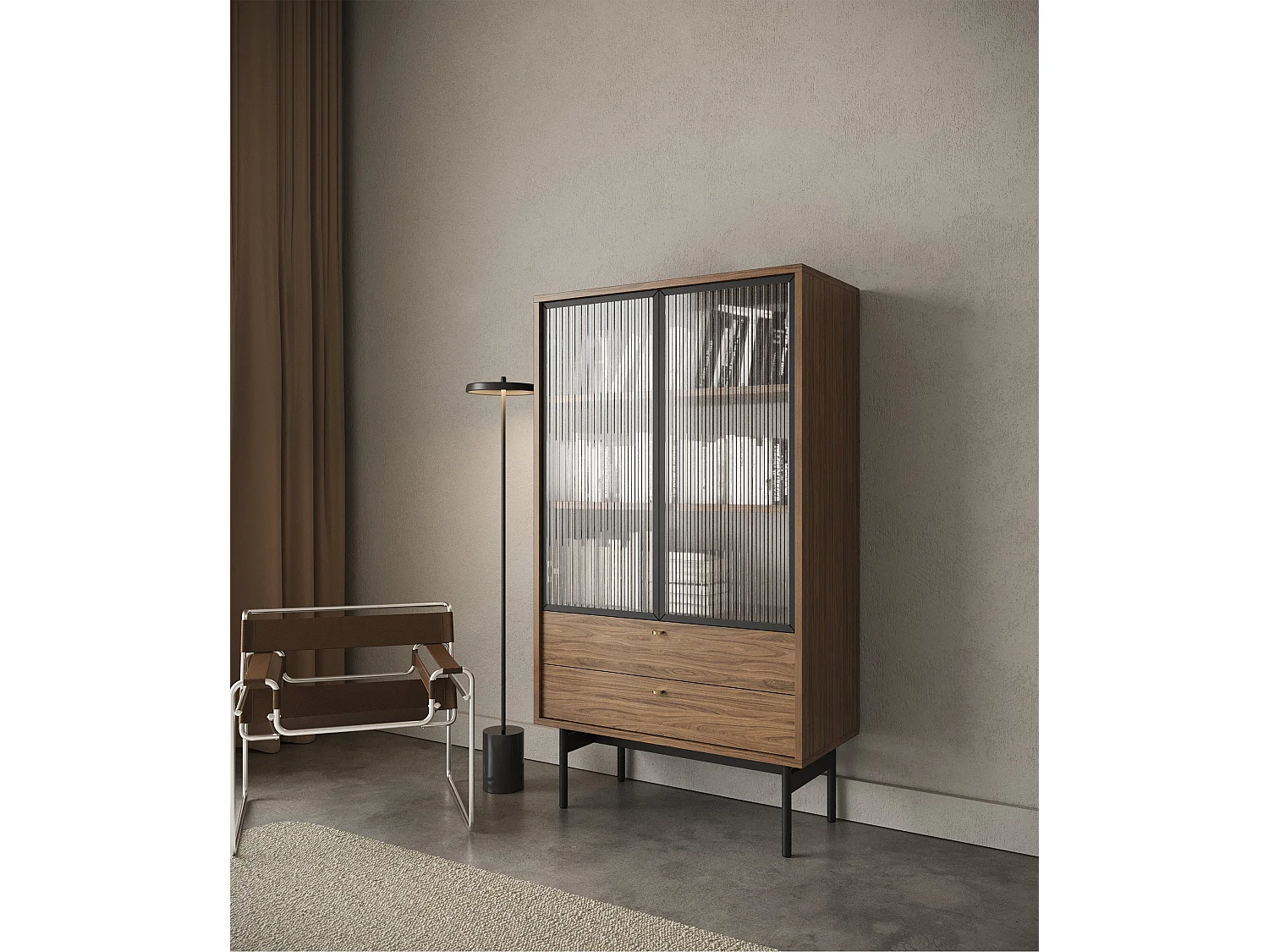 Vitrine mit 2 Regalböden - Holzoptik Carini Nussbaum - 85 cm - OLAR II