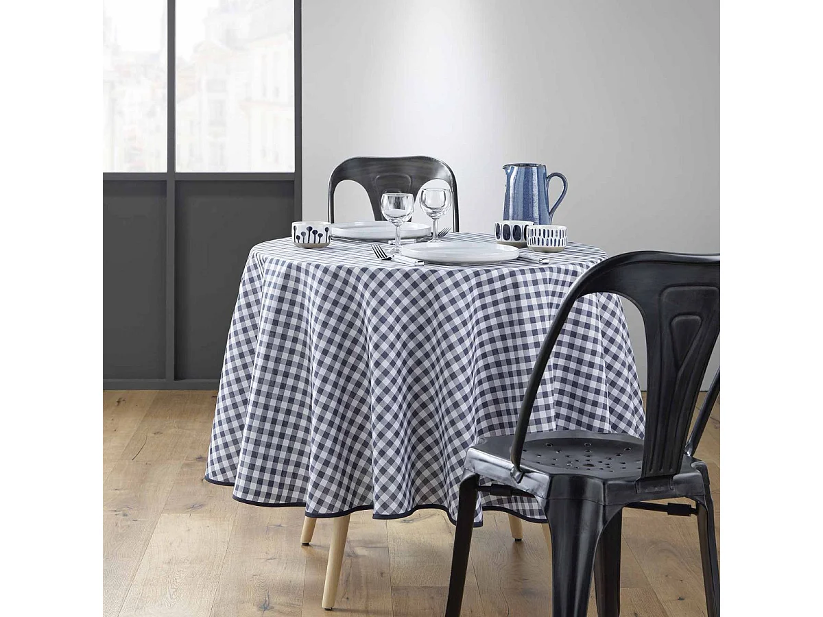 Nappe Ronde Antitache Imprimé "Vichy" 180cm Bleu
