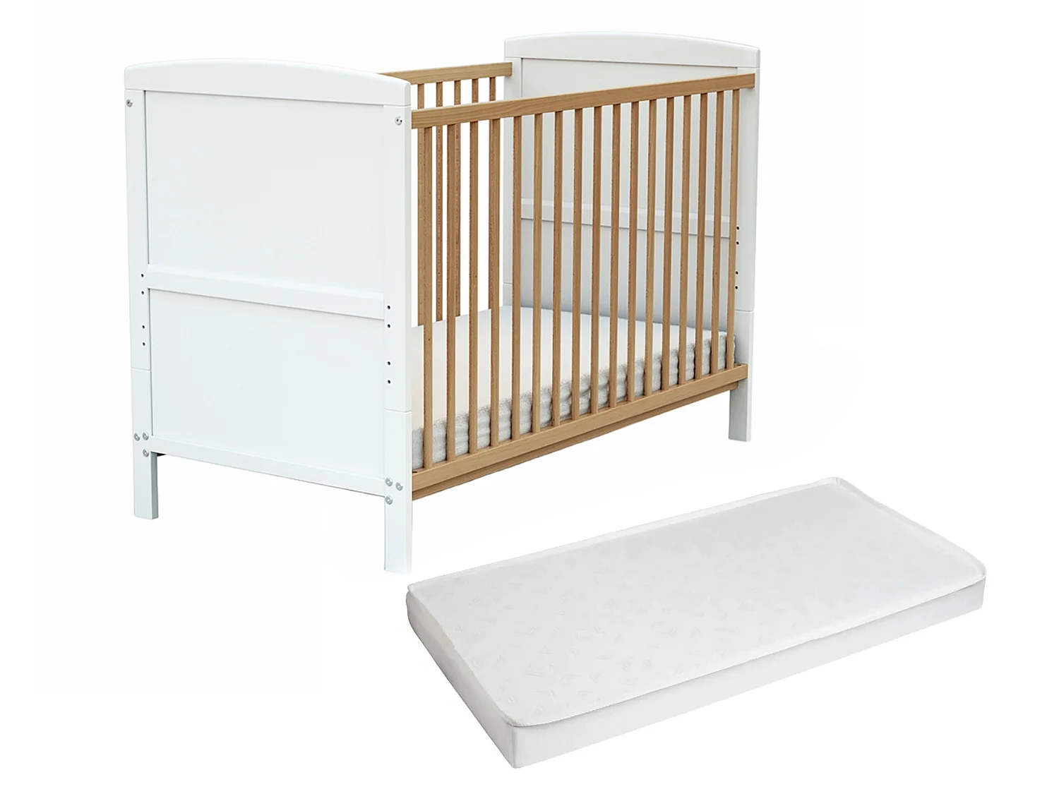 Lit bébé évolutif en bois avec matelas en bois LUNA Blanc et Hêtre Verni