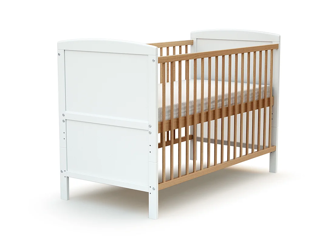 Lit bébé évolutif en bois avec matelas en bois LUNA Blanc et Hêtre Verni