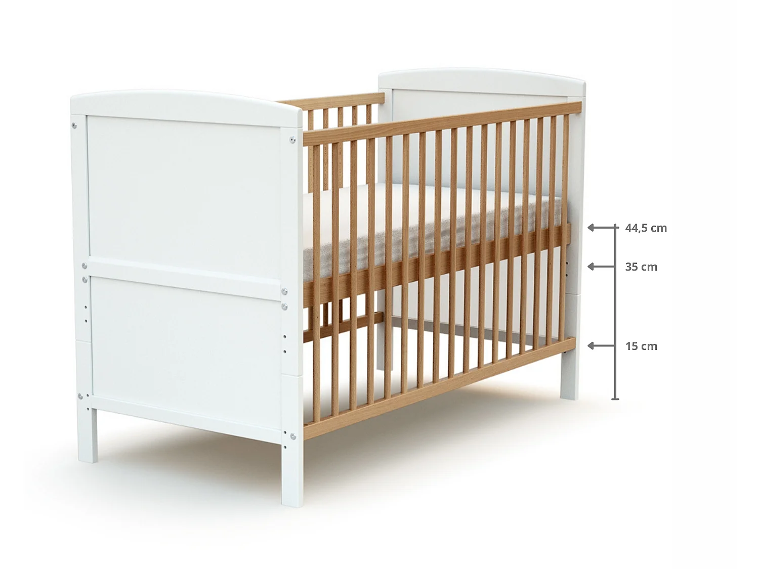 Lit bébé évolutif en bois avec matelas en bois LUNA Blanc et Hêtre Verni
