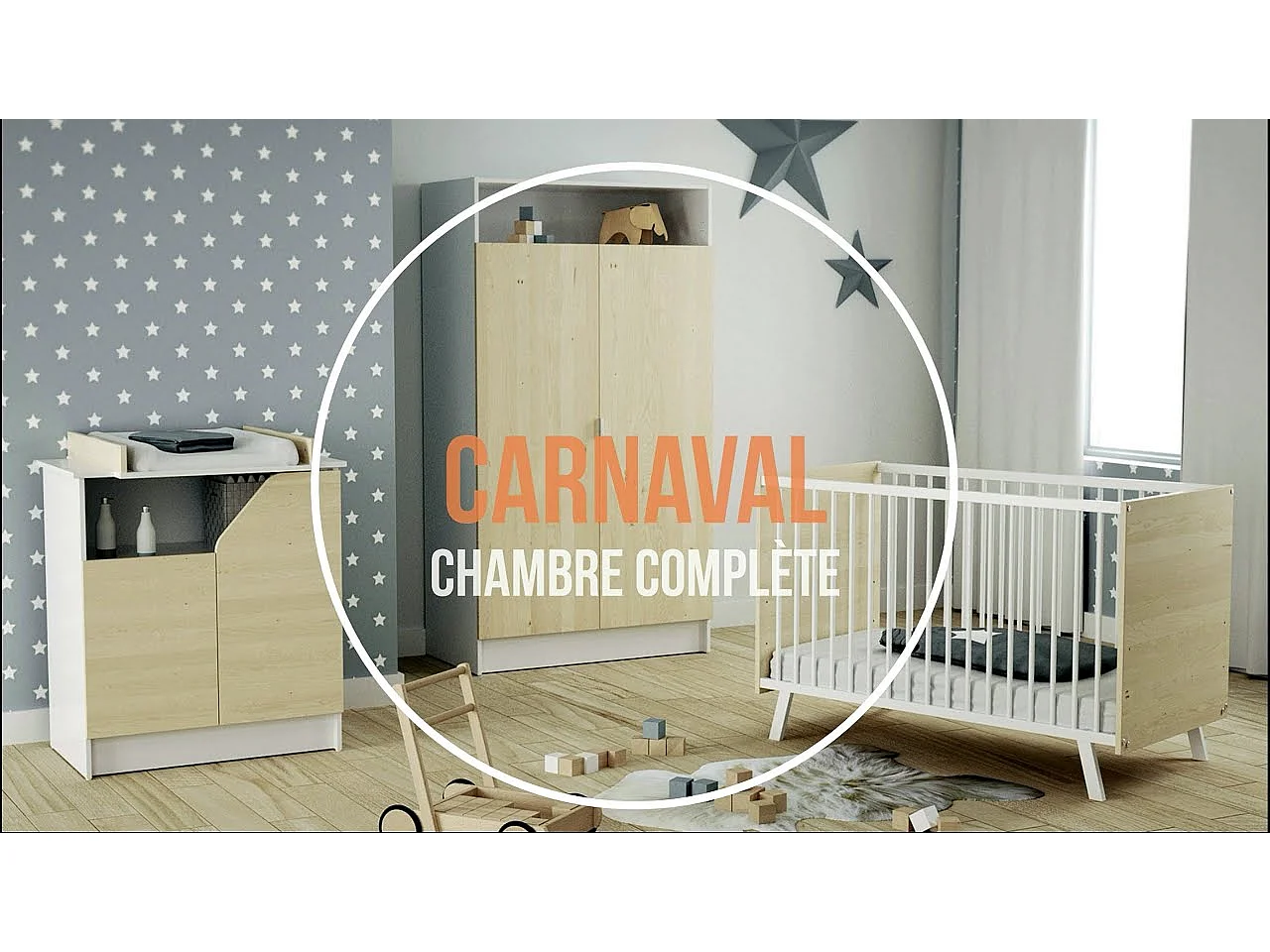 Commode à langer 2 portes, 1 niche en bois CARNAVAL Blanc et Bouleau