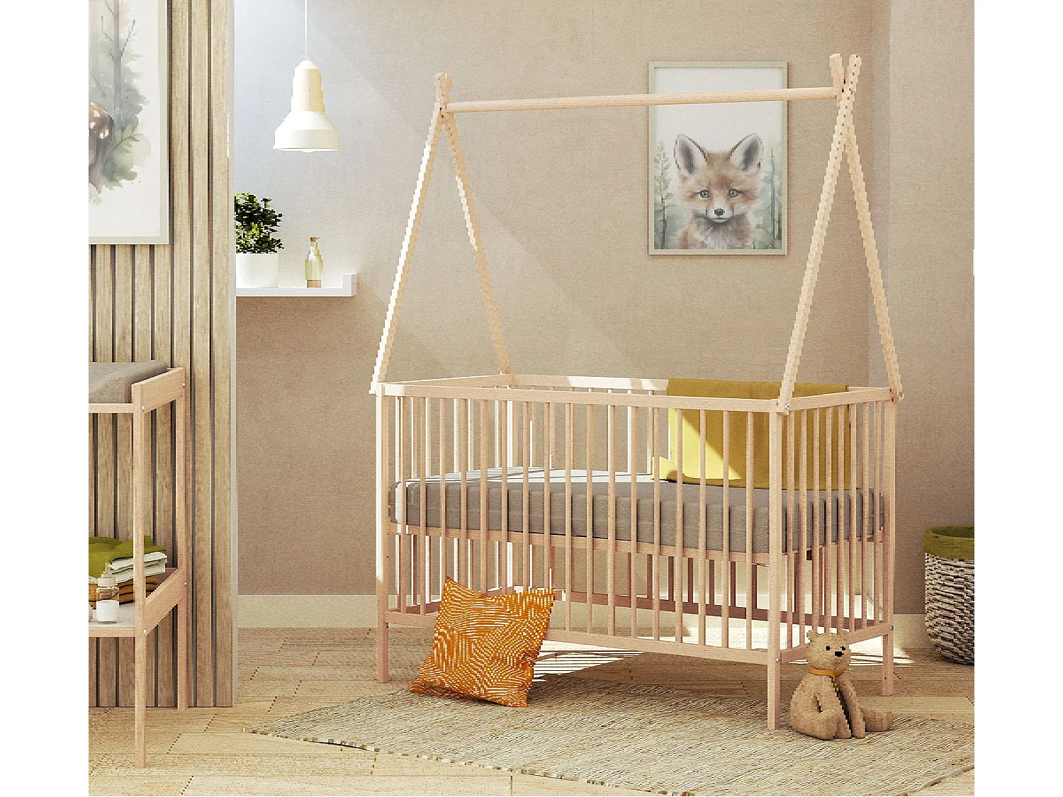 Lit tipi 60x120 en bois Hêtre brut ONE