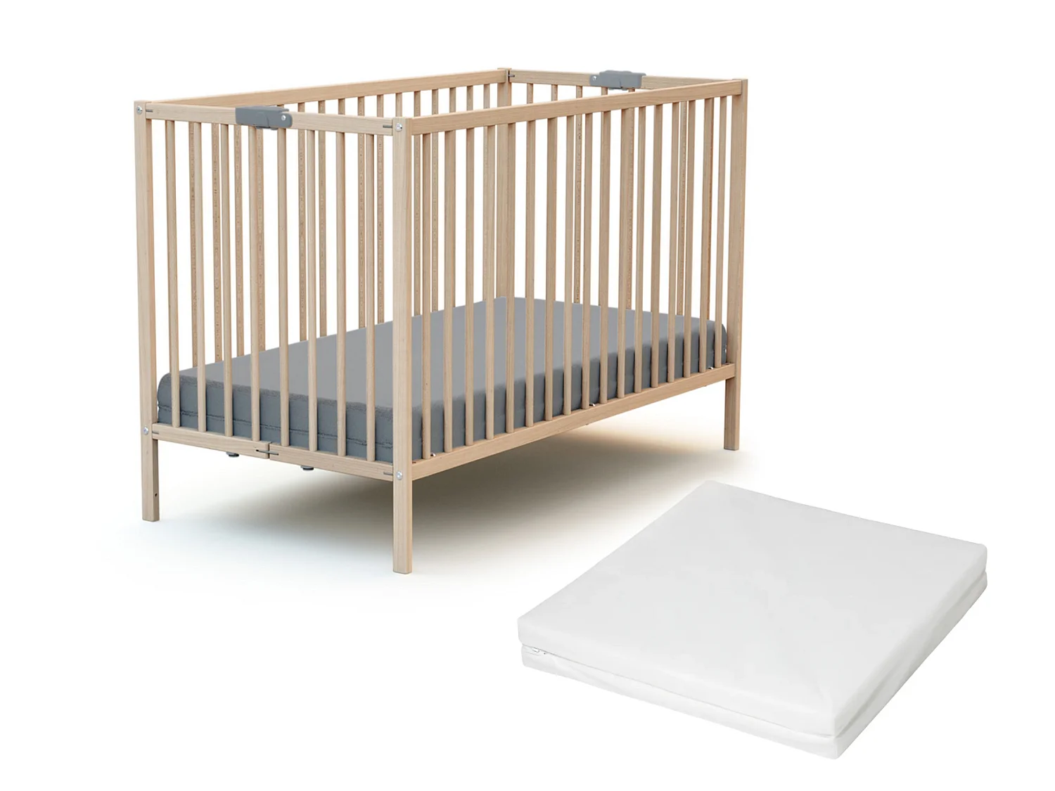 Lit bébé pliant 60 x 120 en bois Hêtre Brut avec matelas FLEX