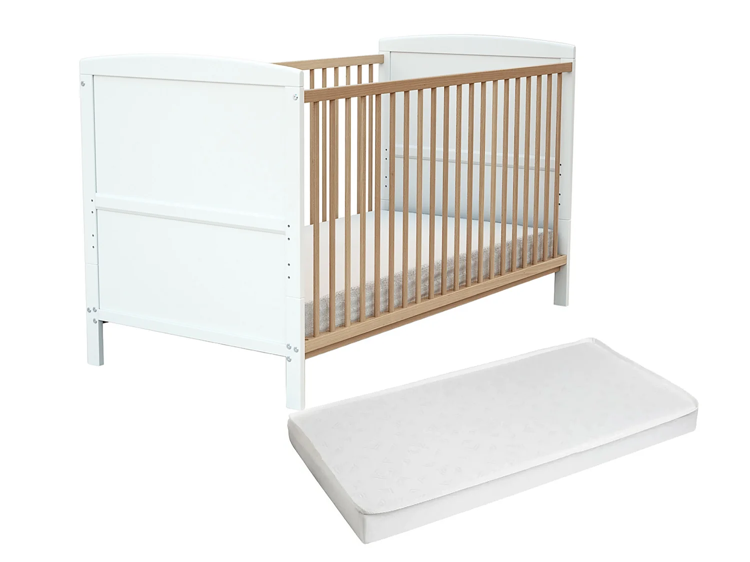 Lit bébé évolutif en bois avec matelas en bois LUNA Blanc et Hêtre Verni
