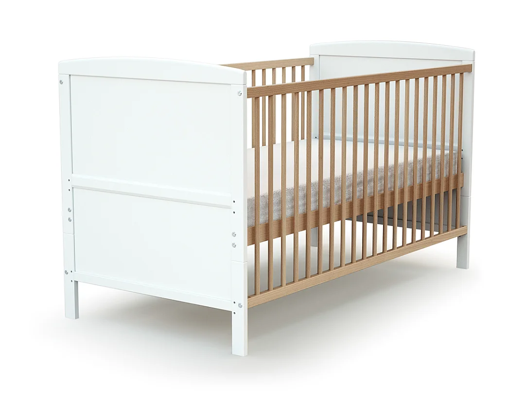 Lit bébé évolutif en bois avec matelas en bois LUNA Blanc et Hêtre Verni