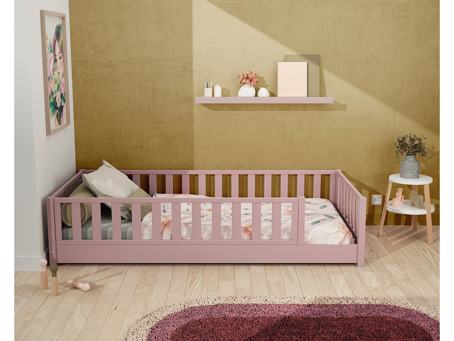 Lit au sol enfant en bois SONHO - 90x190 - Rose poudré