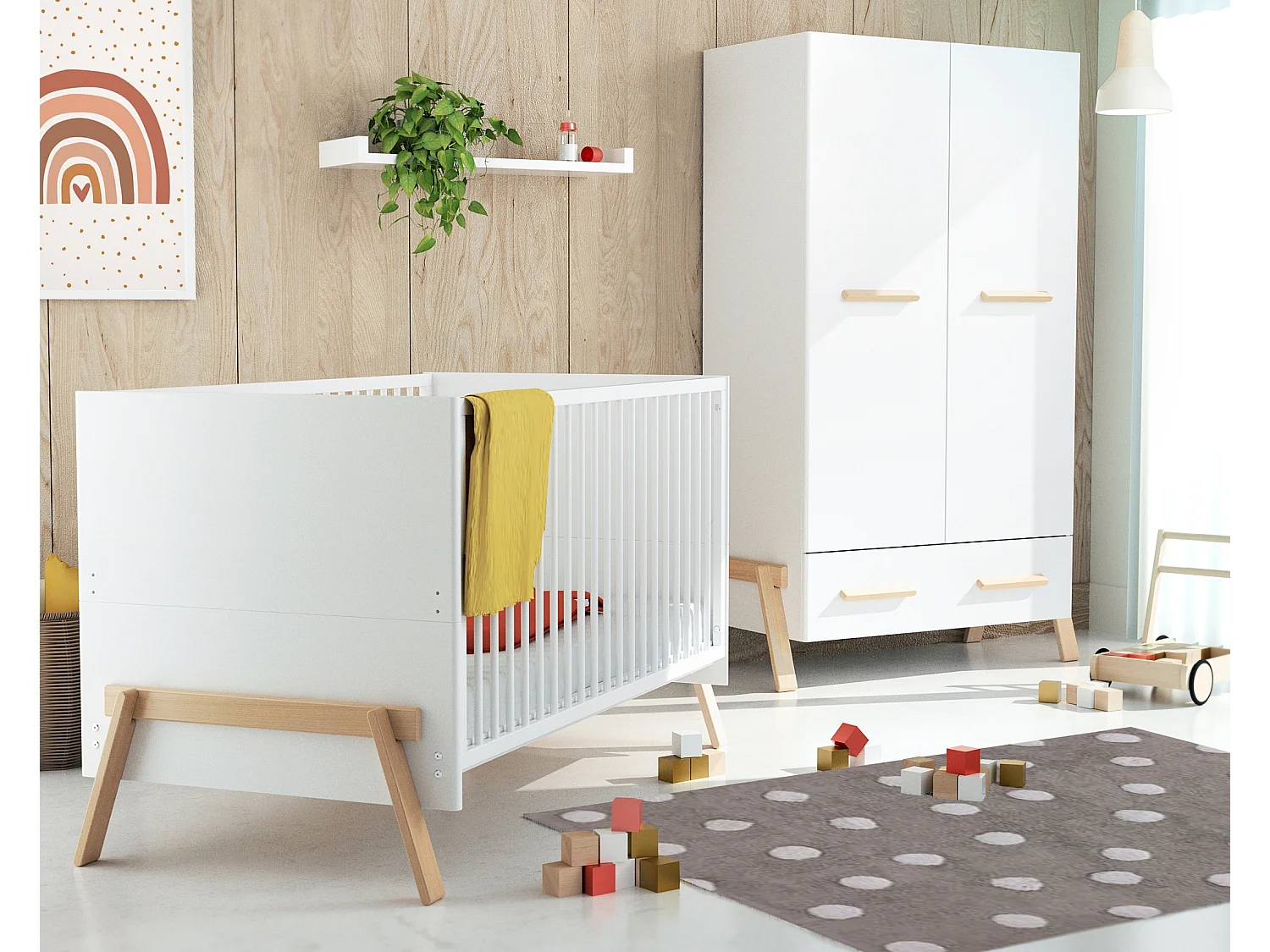 Habitación bebe completa evolutiva CANAILLE madera - Blanco/Haya Barnizada - 70 x 140 - 155,5 x 79 x 87,5 cm