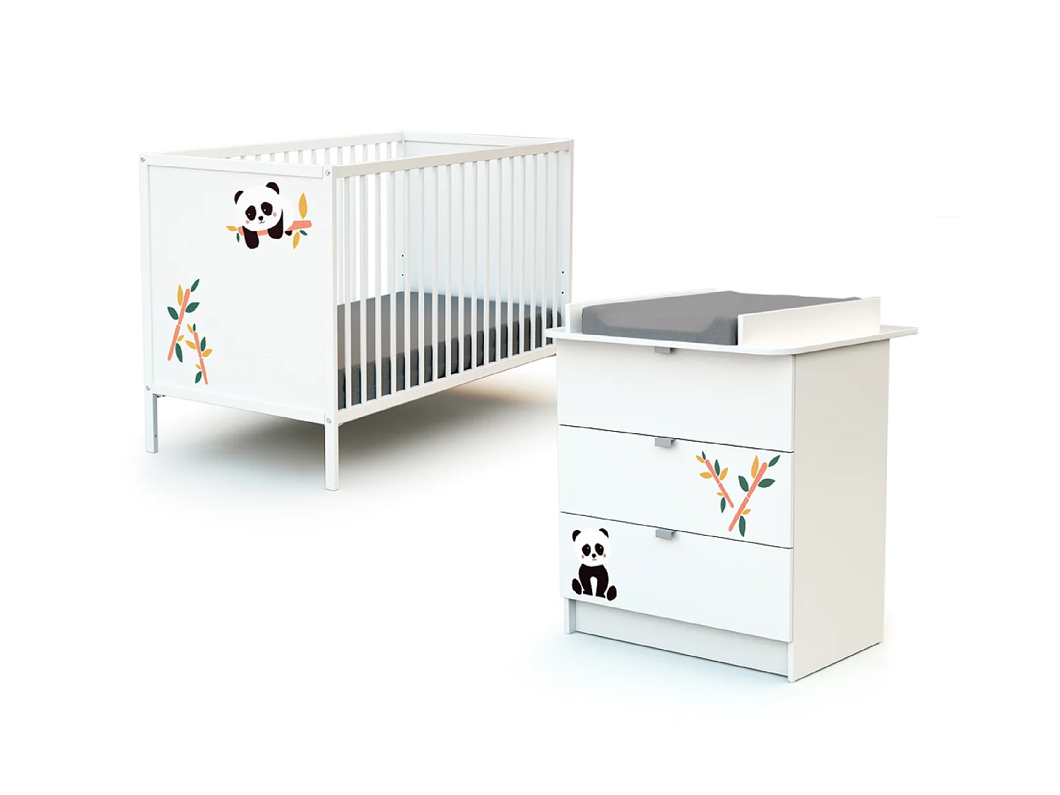 Chambre bébé lit et commode à langer en bois Panda Blanc ALBA