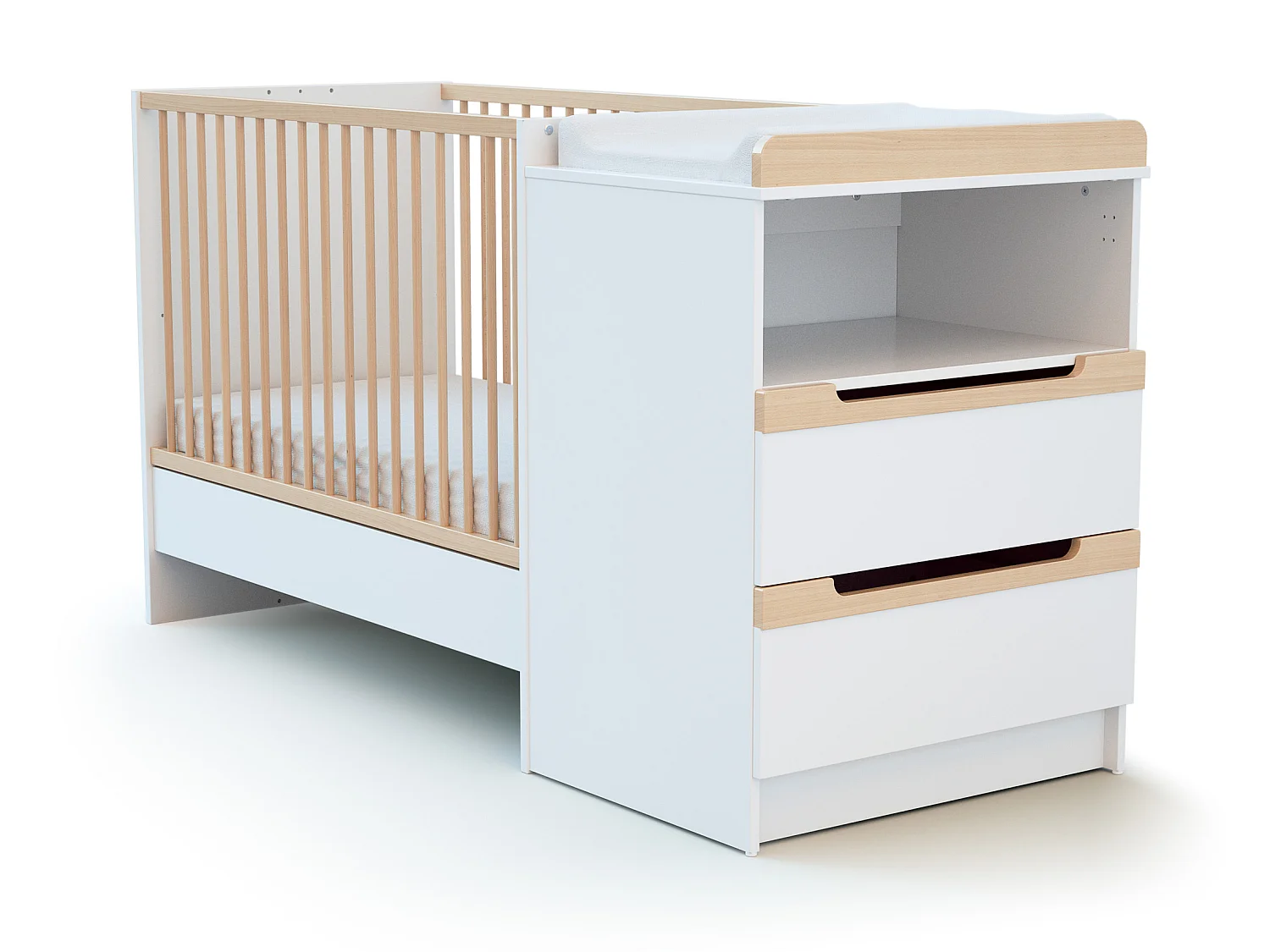 Combiné lit bébé évolutif en bois CARROUSEL Blanc et Hêtre Verni 60 x 120 cm